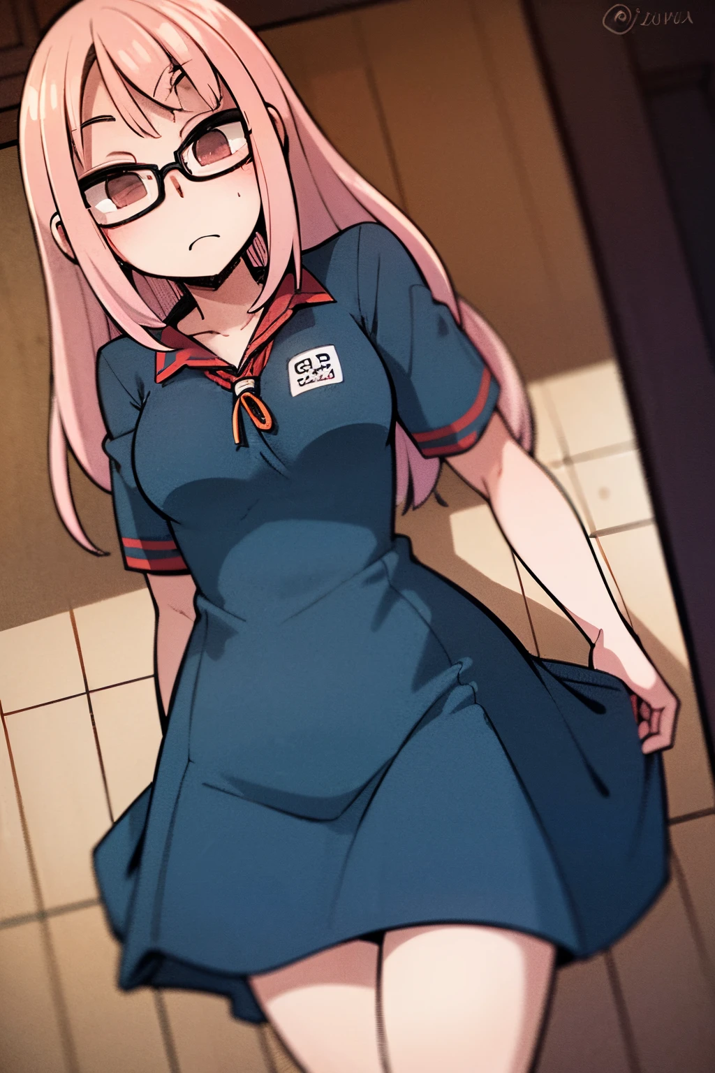 Anime girl in a blue dress and glasses standing in a bathroom - SeaArt AI