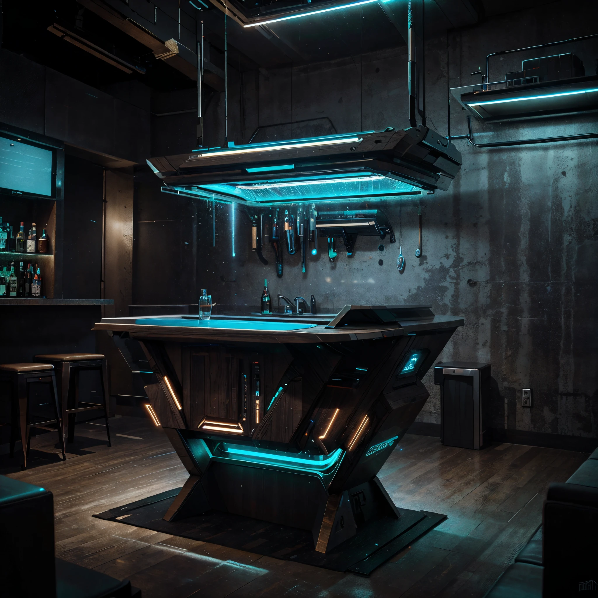 A dark room with a pool table and bar with neon lights - SeaArt AI