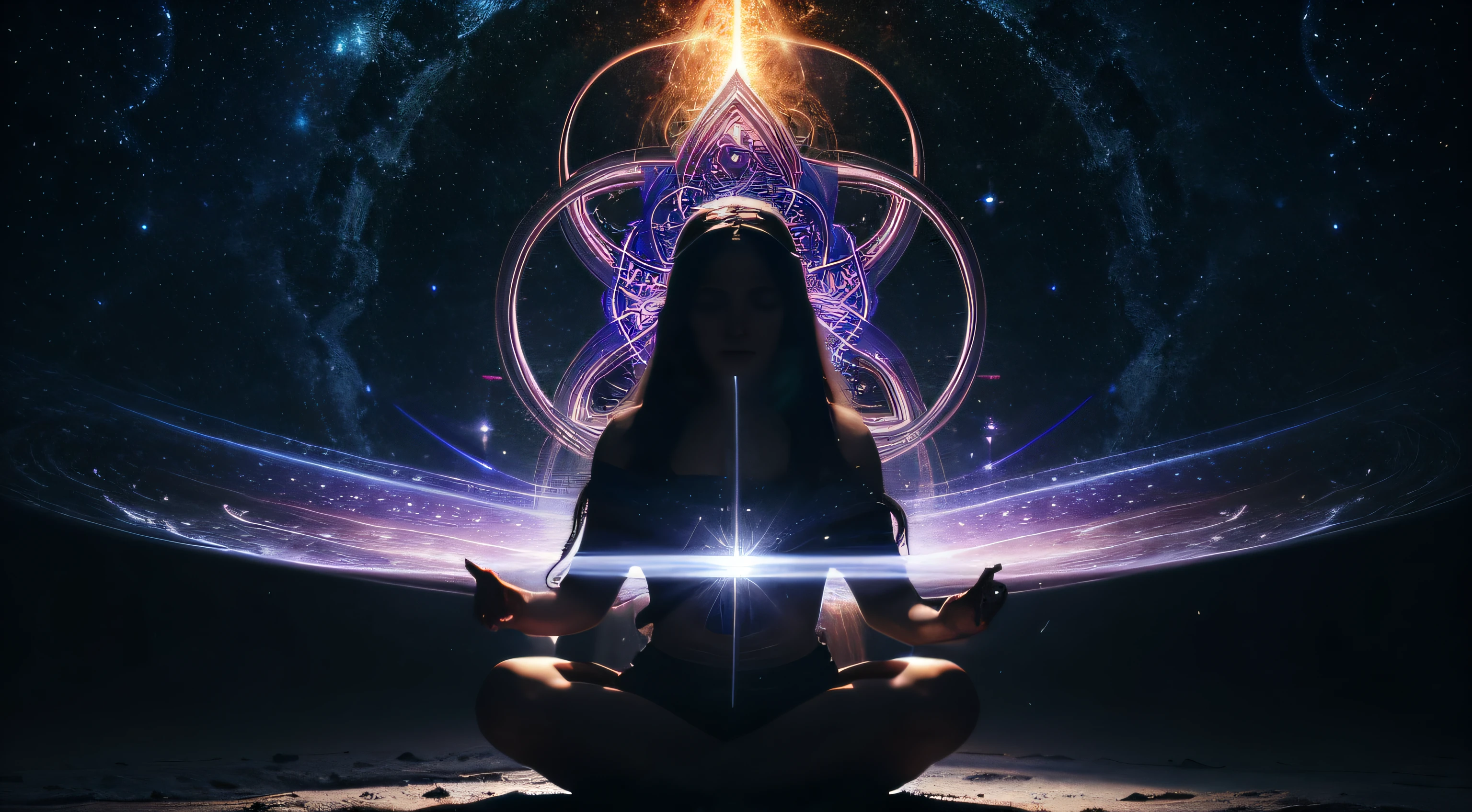 A woman sitting in a lotus position with her hands crossed and a glowing  star in the background - SeaArt AI