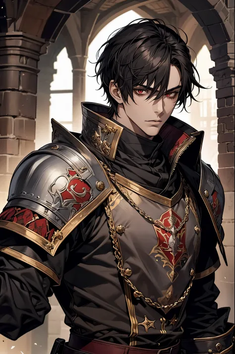 1 male, adult, beautiful, handsome, tousled black hair, short hair, dark red eyes, tall and lean body, nobility, black knight, m...