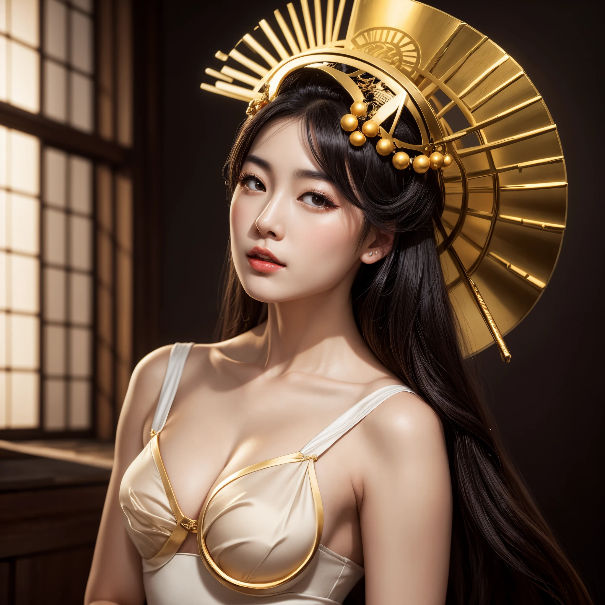 a beautiful young geisha, hot, horny, sexy, with flowing black hair, full lips, full breasts, silky skin, beautiful eyes, wearing a white top, wearing a beautiful golden stylized crown, Japanese Goddess, glamorous and sexy geisha, Hyperrealistic Asian woman, photorealistic Empress goddess, sensual goddess of intricate details.