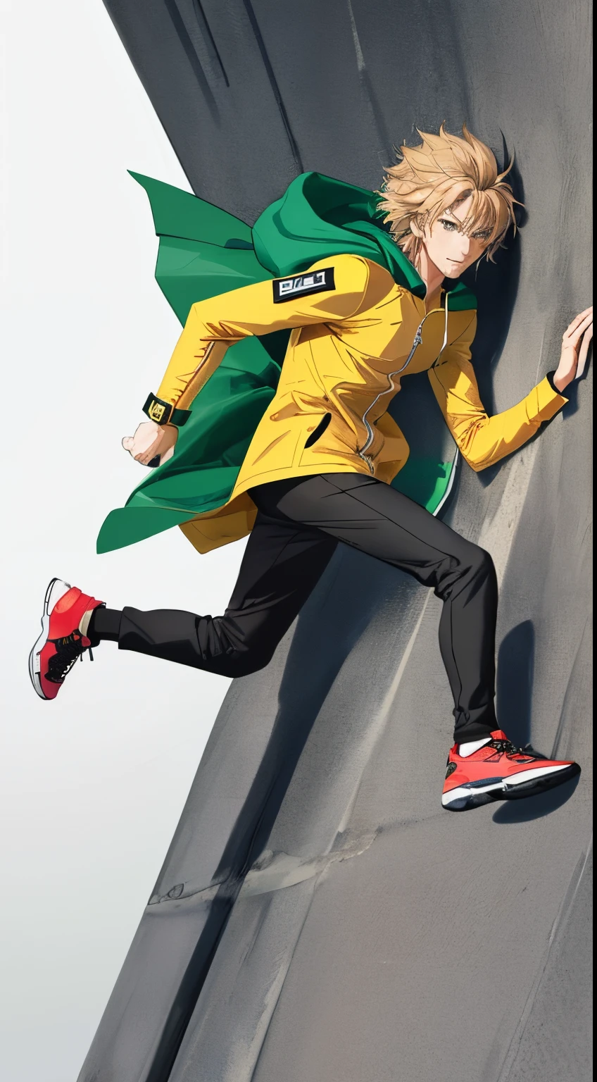 Anime guy in yellow jacket and green cape leaning against a wall - SeaArt AI