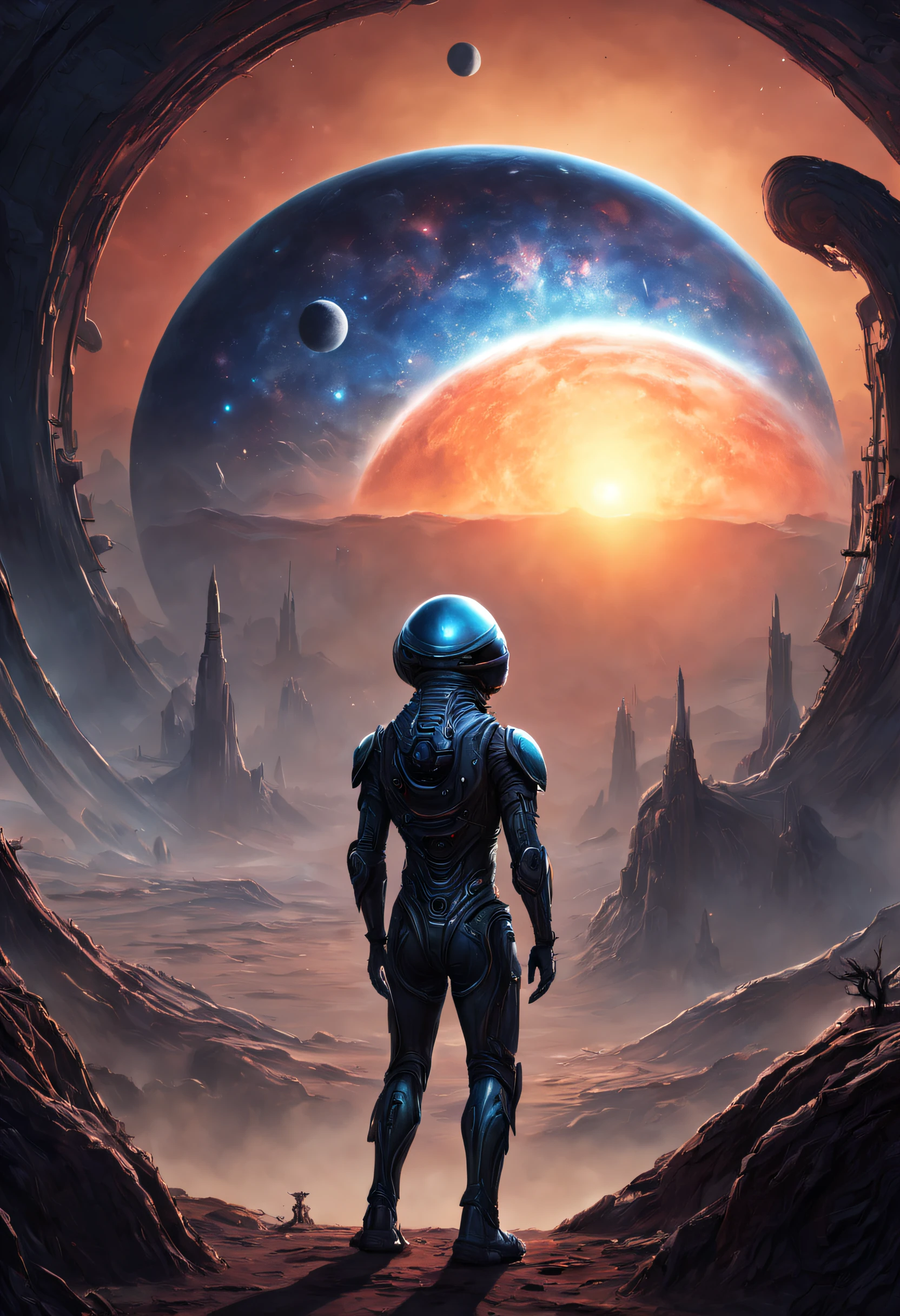 Um extraterrestre biomecânico real e futurista revela um planeta inóspito.. c&#39;São três detalhados e texturizados. On voit la galaxie et un magnifique coucher de soleil