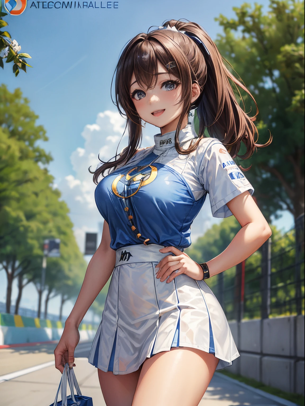 top-quality、Full limbs、complete fingers、1girl in、((one beautiful women、独奏))、Beautiful Large Breasts、Medium Hair、poneyTail、brown haired、Race Queen Costume、((Blue and white top with logo:1.3))、Woman in blue and white mini skirt、white arm cover、Tricolor parasol、Woman in long white boots、((F1 keykey circuit、Formula 1、F1、racing car))、Naughty Poses、A big smile