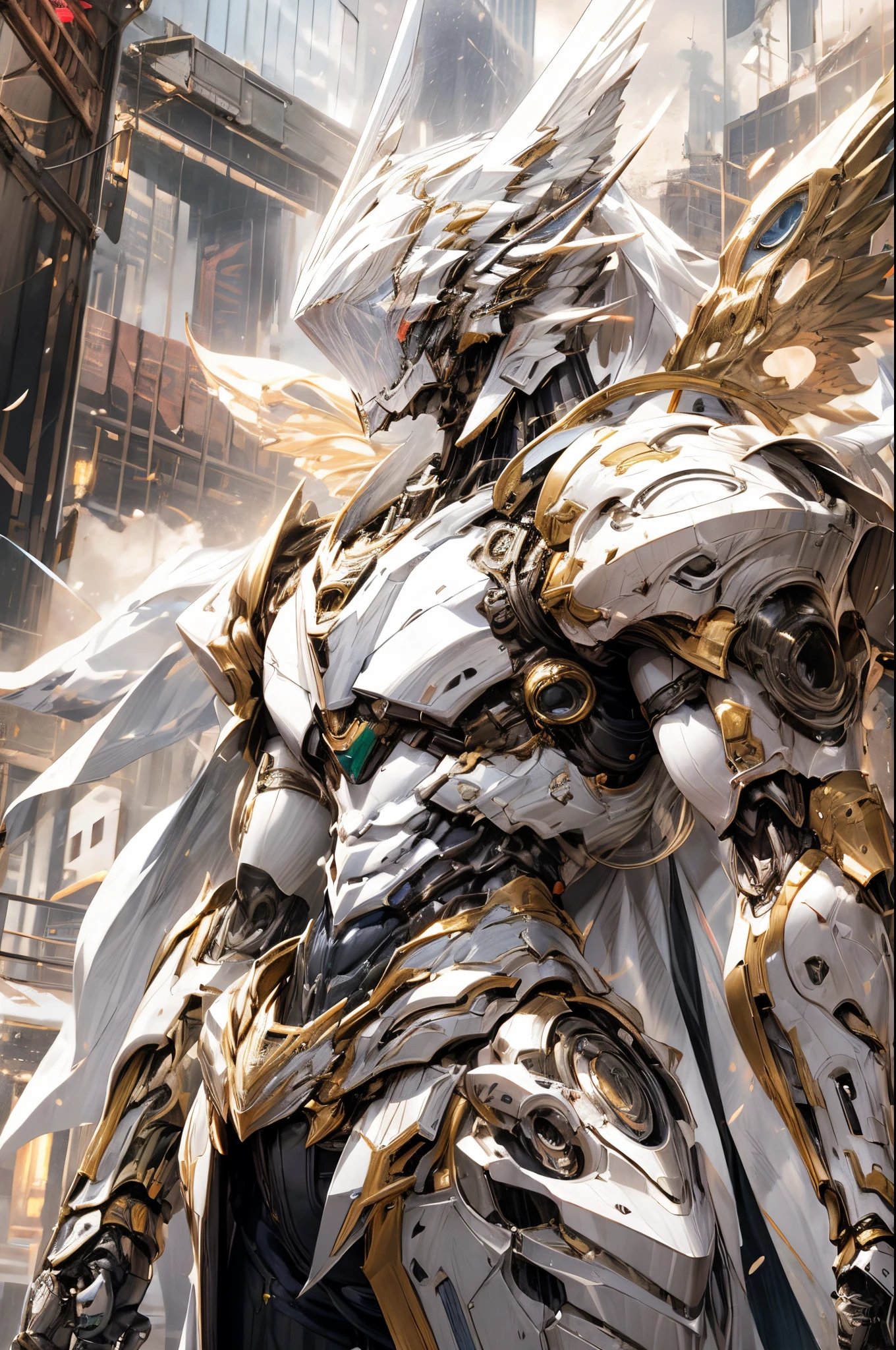 (((An epic and visually stunning digital anime masterpiece featuring a sylphlike masculine male space angel clad in a sleek yet tactical white armored military trench coat:1.2))), (((flat masculine male chest:1.5, mechanical mecha knight head:1.5))), (((the character is adorned in a (scifi tactical armored open front trench coat with a built in exoskeleton, hood pulled up) (over a form fitted armor plated yet super sleek and revealing under suit with waist cut outs), the armor plating on the upper arms and shoulders beautifully engraved))):1.4. The image showcases the intricacies of the character’s armor and clothing, ((capturing their flamboyant essence and heavy mecha aesthetic:1.2)). The character also possesses an androgynous charm, (((with slim yet heavily muscled physique:1.2, sylphlike with a sleek waist, toned yet beautifully sleek cybernetic arms:1.3, mechanical arms and legs:1.3, mecha muscles:1.3))), looking at viewer