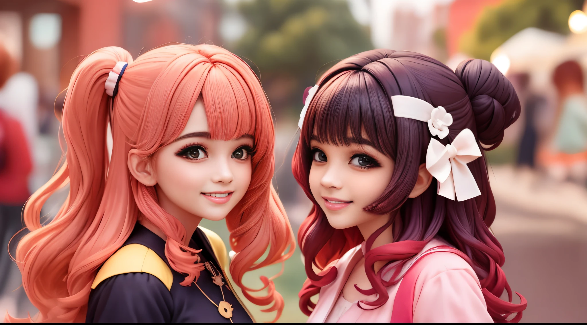 Two girls with long hair and pink hair are posing for a picture - SeaArt AI