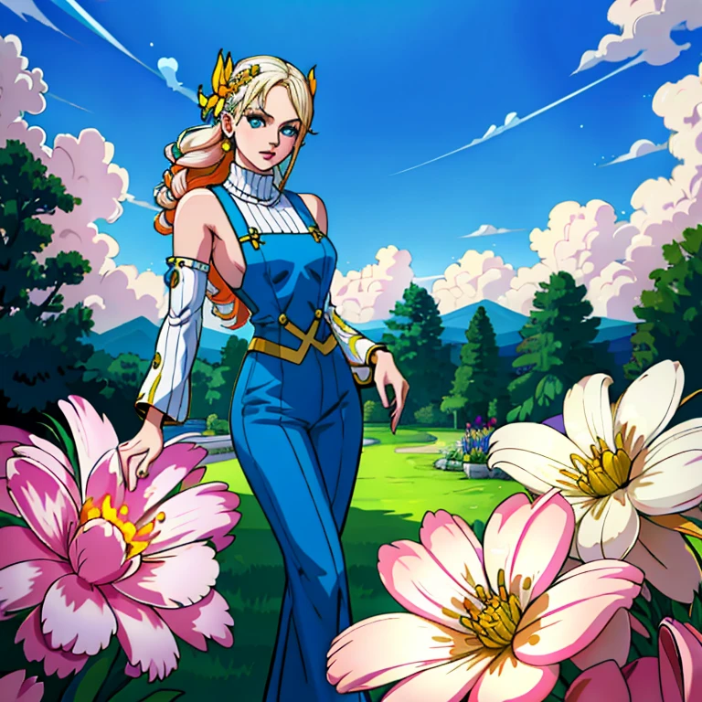(best quality,4k,8k,highres,masterpiece:1.2),ultra-detailed,(realistic,photorealistic,photo-realistic:1.37),painting,
portrait,white-haired girl with fair skin and light blue eyes, standing in a beautiful garden. She is dressed in a blue outfit with orange sleeves and blue suspenders. The outfit perfectly complements her delicate appearance and brings out the vibrancy of her light blue eyes. Her double braids cascade down her back, adding a touch of playfulness to her overall look. 
The girl is adorned with a lovely hair ornament in hues of light blue, accentuating her lustrous white hair. Her innocent beauty radiates through her flawless complexion. Her bare feet stand gently on the soft grass, emphasizing her connection with nature. The lighting in the scene is soft, casting a warm glow on her surroundings.
The garden is filled with an abundance of colorful flowers, providing a picturesque backdrop to the girl's ethereal presence. The vibrant hues of pink, purple, and yellow create a striking contrast against the girl's serene and graceful demeanor. The flowers are meticulously painted with ultra-fine details, capturing the intricate textures and subtle nuances of each petal.
The overall color palette of the artwork is dominated by soft pastel tones, with hints of vibrant blues and oranges adding depth and dynamism to the composition. The combination of these colors evokes a sense of tranquility, innocence, and joy. The attention to detail and the realistic rendering of the scene transport the viewer into a world filled with beauty and enchantment.