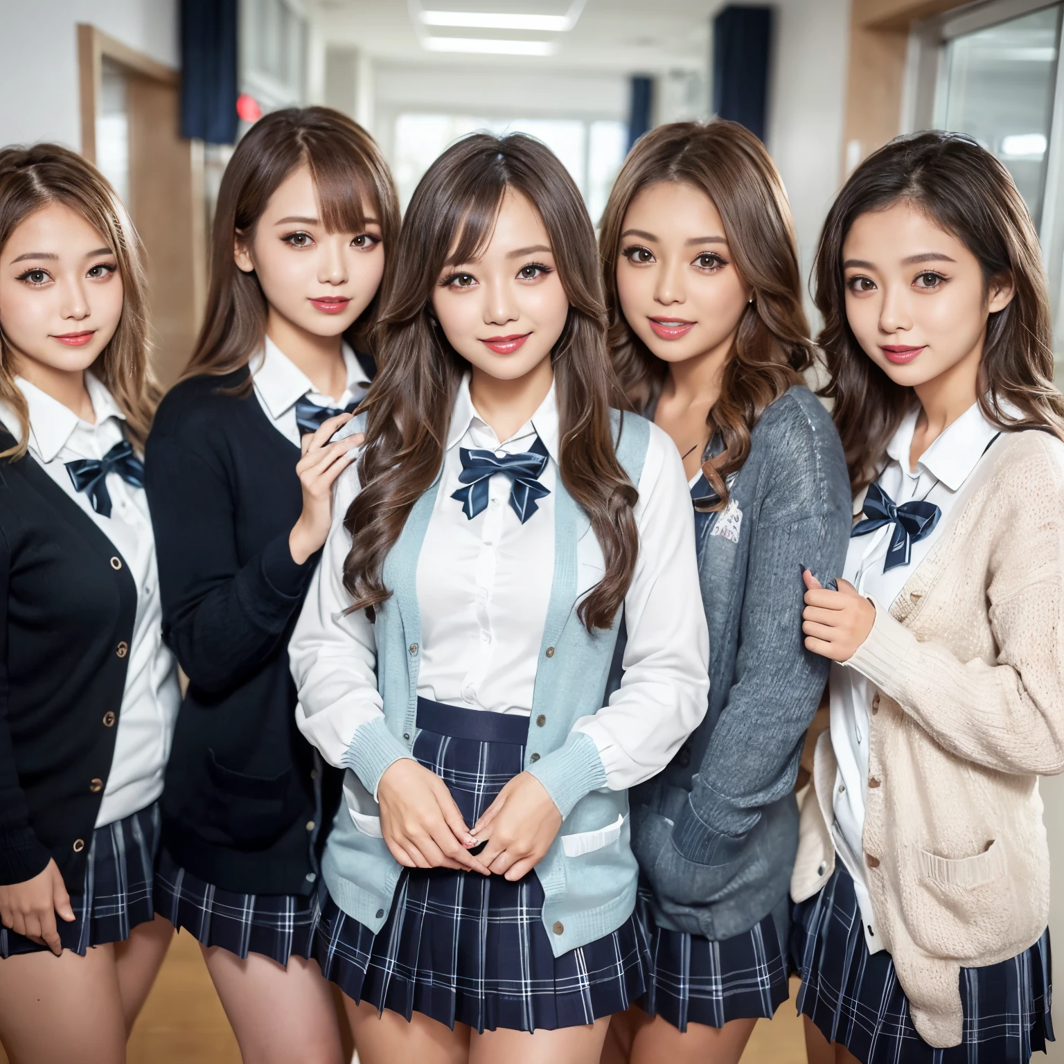 ((top-quality、masutepiece、8K、Top image quality))、Highly saturated、(Group photo of 5 high school girls:1.5)、((School uniform white shirt、Ribbon on the chest、Plaid pleated skirt))、The happiest smile、Biggest smile、Show your teeth and smile、View me、(waved hair)、The background is a school classroom、lipsticks、Perfect makeup、long eyelashes、Emphasize body lines、cleavage of the breast、(accurate anatomy:1.3)、(perfect hair:1.2)、(exact cardigan:1.3)