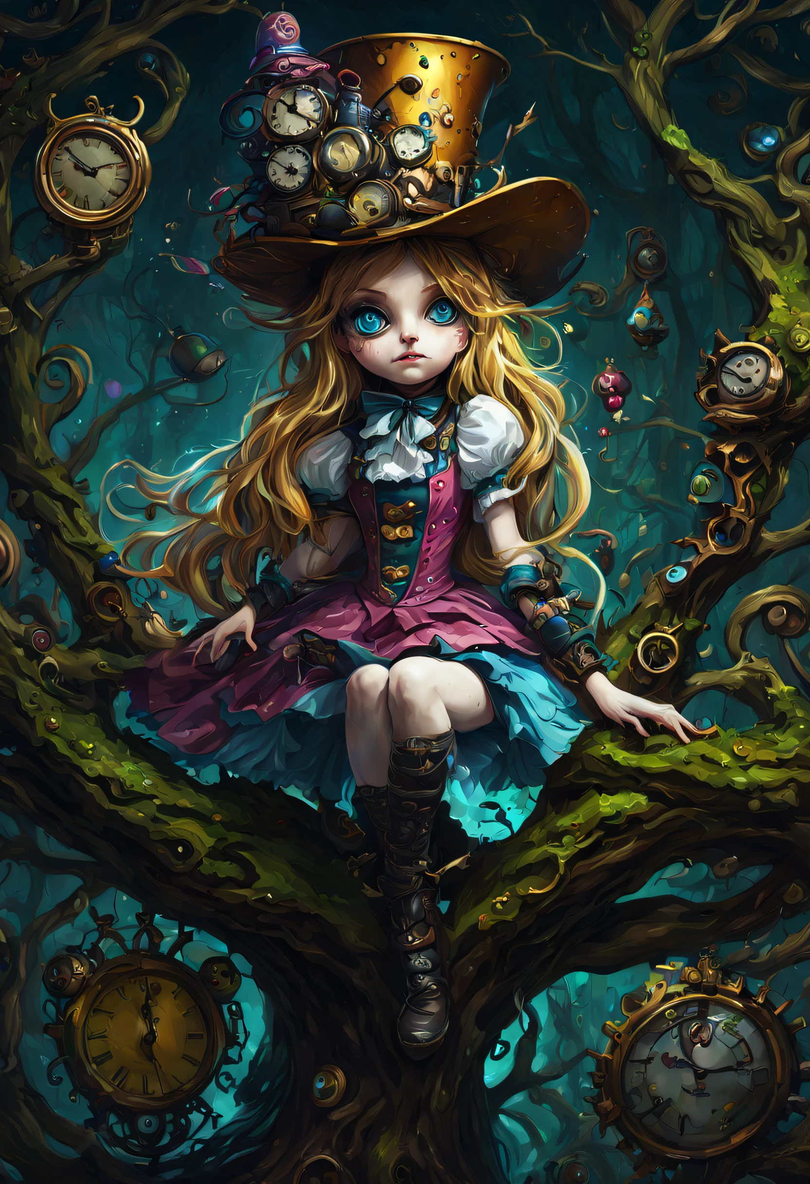 Steampunk Alice im Wunderland, Weiche Funktionen, gorgeous eyes, Baum, Chesire-Katze in einem Baum, Mad Hatter, Stoppuhr, dunkler Hintergrund, Sauberes Design, episches Instagram, ArtStation, Spritzer bunter Farbe, Contour, Hyperdetailliert Detailliert Detailliert, Unreal-Engine, wunderlich, Komplizierte Details, splash screen, complementary colors, Fantasy-Konzeptkunst, 8k resolution, DeviantArt-Meisterwerk, Oil painting, Heavy blows, Farbe tropft