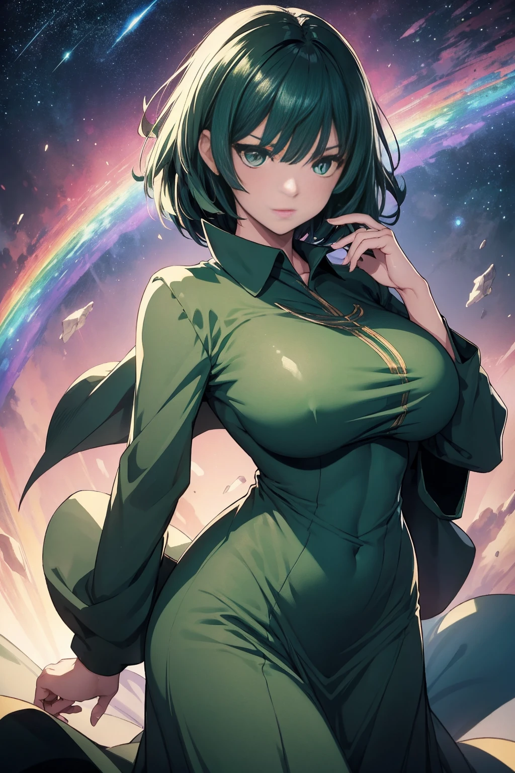 fubuki,1girl in, Girl with emerald green colored hair and detailed teal dress uniform, rainbow colored cosmic nebula background, Stars, intergalactic, Intricate details, Perfect face, Dark green hair, Long hair, Green eyes, Anime beautiful girl wearing a red uniform, a miniskirt, Absolute area, A slight smil, Perfect Anatomy, Perfect face:1.1), ((Big Tits!!!!!!)),(huge-breasted!!!!), (Full body shot), Looking at Viewer, Ultra-high definition, (1girl in:1.4), Extremely detailed illustration, Smooth, Very perfect pixel, Seductive,venusbody,