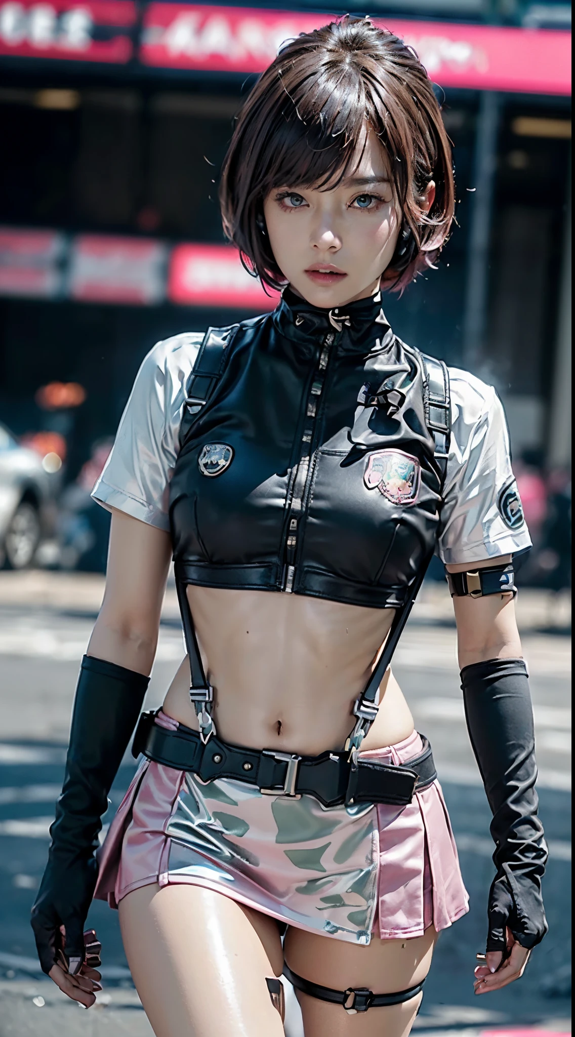 (Top Quality, Ultra High Definition, Photorealistic:1.4), (cowboy shot:1), 1 Beautiful Armed Girl, (Kpop Idol), Detailed Face, (Hair Style: Pink:1, fullbang, shortbob-style:1), Contrapposto, Perfect Anatomy, Smooth Skin, Professional Lighting, ((wearing Futuristic Police Racing Suits, low-mini-skirt, police wappen, High-tech Headset, military waist harness and gun-holder, racing gloves,  transceiver, handgun)), (Cloths colors based on silver pink black white), (background, crashed cars, fire, (Explosion)),