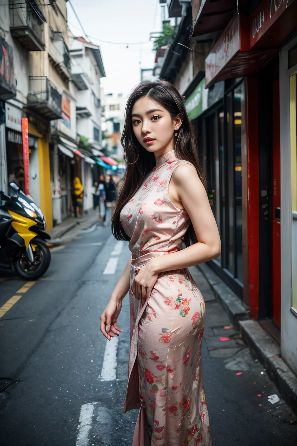 (8K, ultrahohe Auflösung:1.1) Nguyen, ein 1 lebendiges vietnamesisches Mädchen, versprüht jugendlichen Charme in einem modernen vietnamesisch inspirierten Outfit. Sie trägt ein stilvolles áo dài mit zeitgenössischen Mustern und Designs, zeigt ihr modisches Gespür. Das hochauflösende Bild erfasst ultra-detaillierten Realismus, Hervorhebung von Nguyens bezaubernden braunen Augen, makelloser Teint, und lange schwarze Haare. Die urbane Kulisse mit ihrer farbenfrohen Straßenkunst und dem geschäftigen Stadtbild sorgt für einen Hauch jugendlicher Energie, Schaffung einer visuell fesselnden Darstellung von Nguyens modernem vietnamesischen Stil.