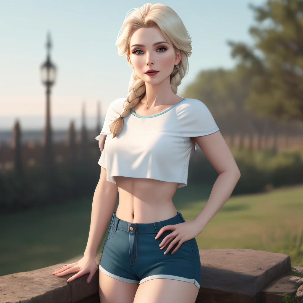 Blonde woman in short shorts posing on a stone wall - SeaArt AI