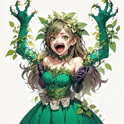 A girl with plants growing all over her body. She is a plant with fangs. She is in a green dress. Long gloves.