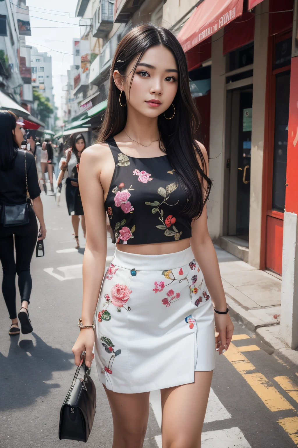 (8k, ultra haute résolution:1.1) Nguyên, une jeune fille vietnamienne vibrante, dégage un charme juvénile dans une tenue moderne d&#39;inspiration vietnamienne. Elle porte un áo dài élégant avec des motifs et des designs contemporains, mettant en valeur son sens de la mode. L&#39;image haute résolution capture un réalisme ultra détaillé, highlighting Nguyên's captivating brown eyes, teint impeccable, et de longs cheveux noirs. Le décor urbain avec son street art coloré et son paysage urbain animé ajoute une touche d&#39;énergie juvénile., creating a visually captivating representation of Nguyên's modern Vietnamese style.