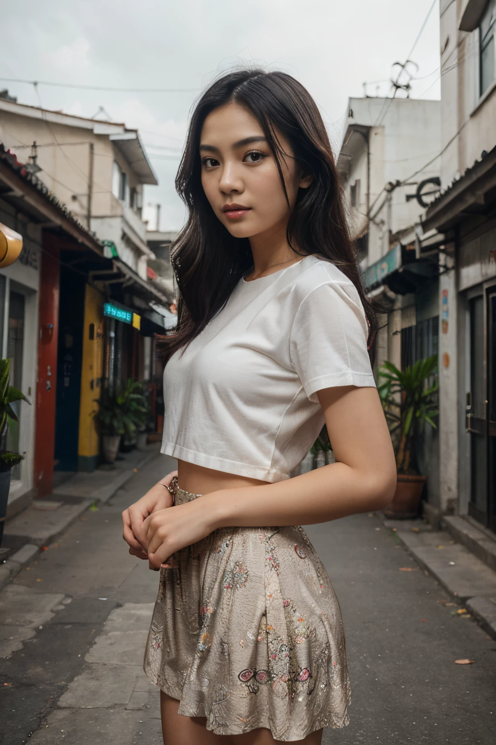 (8K, Ultra high res:1.1) Nguyen, an 18-year-old vibrant Vietnamese girl, exudes youthful charm in a modern Vietnamese-inspired outfit. She wears a stylish áo dài with contemporary patterns and designs, showcasing her fashion-forward sense. The high-resolution image captures ultra-detailed realism, highlighting Nguyen's captivating brown eyes, flawless complexion, and long black hair. The urban backdrop with its colorful street art and bustling cityscape adds a touch of youthful energy, creating a visually captivating representation of Nguyen's modern Vietnamese style.