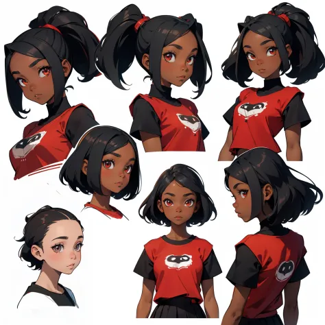 create a 10 years old african girl, dark skin, wearing red t-shirt and black skirt, multiple face expressions, character design,...
