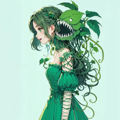 A girl with plants growing all over her body. the plant with fangs. She is in a green dress. Long gloves. One side pigtail hairstyle.