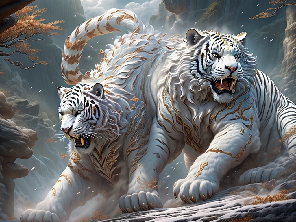 (Best quality at best,tmasterpiece, iintricate,hyper-detailing，Extremely detailed CG unified wallpaper) , dahuangdongjing，A mythical beast in Chinese mythology(the white tiger),White tiger resembles a huge white tiger，Huge and powerful。It has a majestic body and sharp claws，The whole body is covered with fur as white as snow，White tigers usually have a pair of short horns on their heads，And both eyes radiate light like lightning，Surrounded by lightning，Surrounded by white clouds，dreamland wonderland、Genting Heavenly Palace，，The mountain is very steep，strange rocks，Fantastical，Ogre、square、Riding，Faraway view，(Best quality at best,tmasterpiece, iintricate,hyper-detailing，RAW photogr,8k，hyper HD,Ultra-high resolution,Realisticstyle,A cinematic scene, Focus sharp,dramatic lights,Extremely detailed CG unified wallpaper，Chinese color，The colors are bright，bright，Traditional Chinese elements，（（Ancient murals）），Illustrative myths，Fuyao Legend，Dappled light，Hazy haze，Mystic aura，tmasterpiece，k hd，plethora of colors，detailed detail，Seven colors)