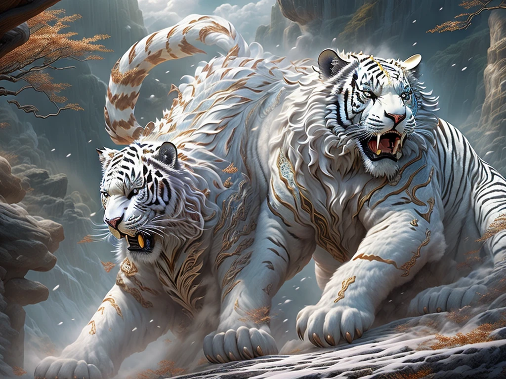 (Melhor qualidade na melhor das hipóteses,obra-prima, intricado,Hiper-detalhamento，Papel de parede unificado CG extremamente detalhado) , dahuangdongjing，Uma fera mítica na mitologia chinesa(o tigre branco),O tigre branco se assemelha a um enorme tigre branco，Enorme e poderoso。Tem um corpo majestoso e garras afiadas，Todo o corpo está coberto de pelos brancos como a neve，Os tigres brancos geralmente têm um par de chifres curtos na cabeça，E ambos os olhos irradiam luz como um relâmpago，cercado por relâmpagos，Cercado por nuvens brancas，país das maravilhas do país dos sonhos、Palácio Celestial de Genting，，A montanha é muito íngreme，rochas estranhas，Fantástico，ogro、quadrado、cavalgando，Vista distante，(Melhor qualidade na melhor das hipóteses,obra-prima, intricado,Hiper-detalhamento，Fotografia RAW,8K，hiper HD,resolução ultra-alta,Estilo realista,Uma cena cinematográfica, Foco nítido,luzes dramáticas,Papel de parede unificado CG extremamente detalhado，Cor chinesa，The colors are brilhante，brilhante，Elementos tradicionais chineses，（（Murais antigos）），Mitos ilustrativos，Lenda de Fuyao，Luz manchada，Névoa nebulosa，Aura mística，obra-prima，k hd，infinidade de cores，detalhe detalhado，sete cores)