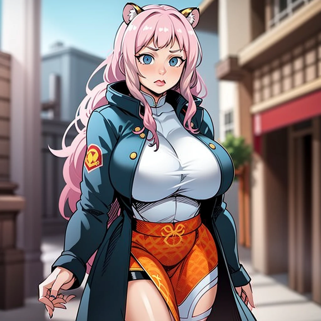 , tiger ears, tiger tails, martial art, medium chest, pink hair, skirt, jacket, godess,1girl,coat,walking, solo focus.1character, holy catholic mountain,huge breast, curvy