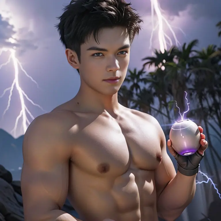 man, handsome, sixpack, charming,cute,dark armor, purple lightning,magic, energy ball In chest,Hands energized and there's light...