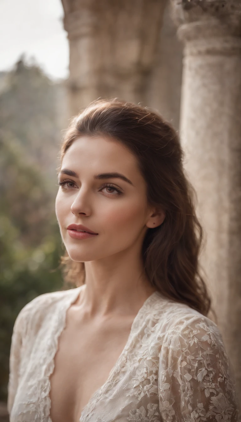 A woman in a white dress standing in front of a stone building - SeaArt AI