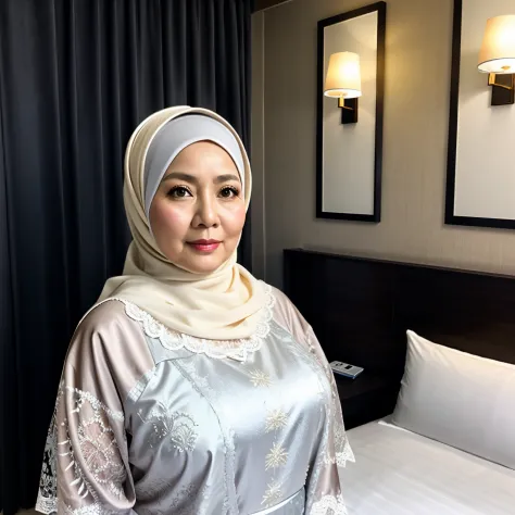 56 years Old, Hijab Indonesian mature woman, Big Tits : 46.9, Lace Bra,  curvy body - SeaArt AI