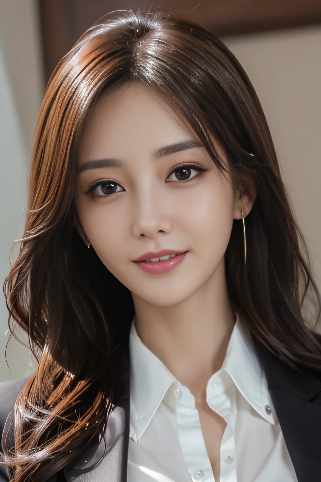 masutepiece, Best Quality, Photorealistic, Ultra-detailed, finely detail, High resolution, 8K Wallpaper, 1 beautiful woman,, light brown messy hair, in a business suit, foco nítido, Perfect dynamic composition, Beautiful detailed eyes, detailed hairs, Detailed realistic skin texture, Smiling, Close-up portrait, Model body type