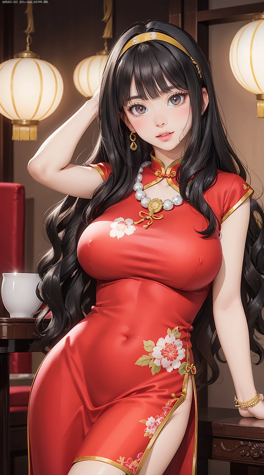 (masterpiece, best quality), 1 girl, perfect body, large breasts, colorful Cheongsam with elaborate details, hairband, Necklace, Jewelry, Beautiful Face, (wavy hair, asymmetrical bangs), Tyndall Effect, pose contrapposto, Dark Studio, Rim Lighting, Two-Tone Lighting, (High Definition Skin: 1.2), chinese restaurant interior with elaborate details