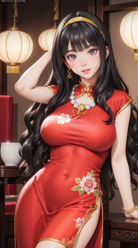 (masterpiece, best quality), 1 girl, perfect body, large breasts, colorful Cheongsam with elaborate details, hairband, Necklace,...