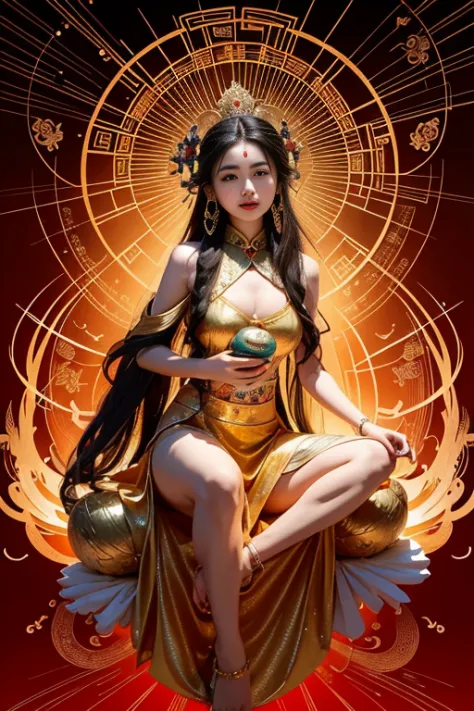 ancient chinese goddess, guanyin of the southern seas, guanyin, inspired by india, avalokiteşvara rides in phoenix，,serene expre...