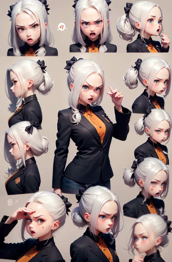 (Office worker, anime style character, Emoji pack), (silver hair, old lady, wearing suit:1.3)，(emoji design sheet)，Align arrangement, poses and expressions, (upper body),（Black strokes, Different emotions, various facial expressions), (multiple expressions of the same character:1.6)，(masterpiece, best quality, highly detailed, high-resolution illustration:1.2), (sad, happy, having fun, exhausted, big laugh, Angry, doubt, cute, wait, hurry）