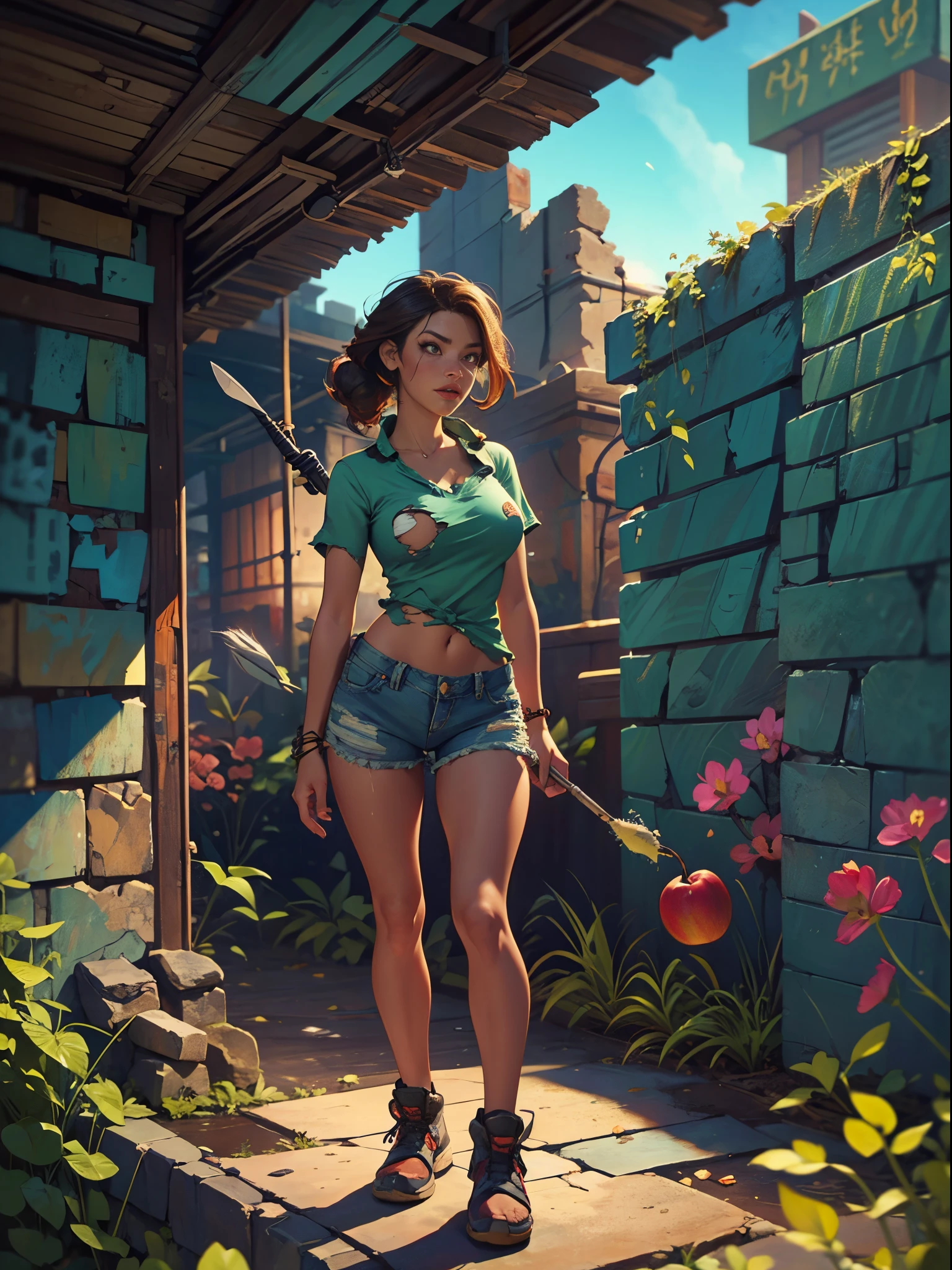 2076 year. The Urban Ruins of the Wasteland, Female huntress picking fruit in the garden, beautiful face, torn shirt and denim shorts ,  long legs, sweating through, sun rising, Nice warm colors, head to toe full body shot