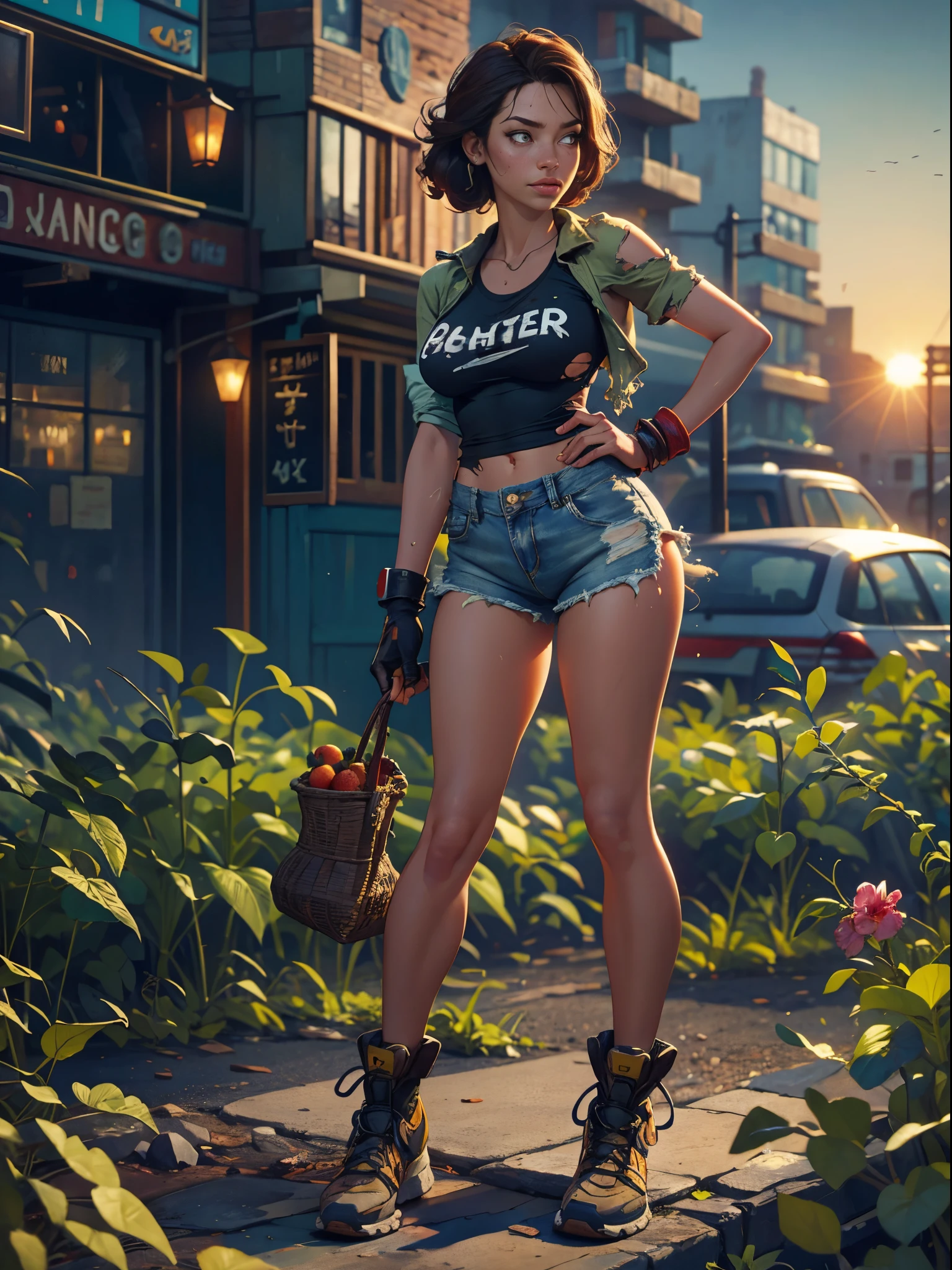 2076 year. The Urban Ruins of the Wasteland, Female huntress picking fruit in the garden, beautiful face, torn shirt and denim shorts ,  long legs, sweating through, sun rising, Nice warm colors, head to toe full body shot