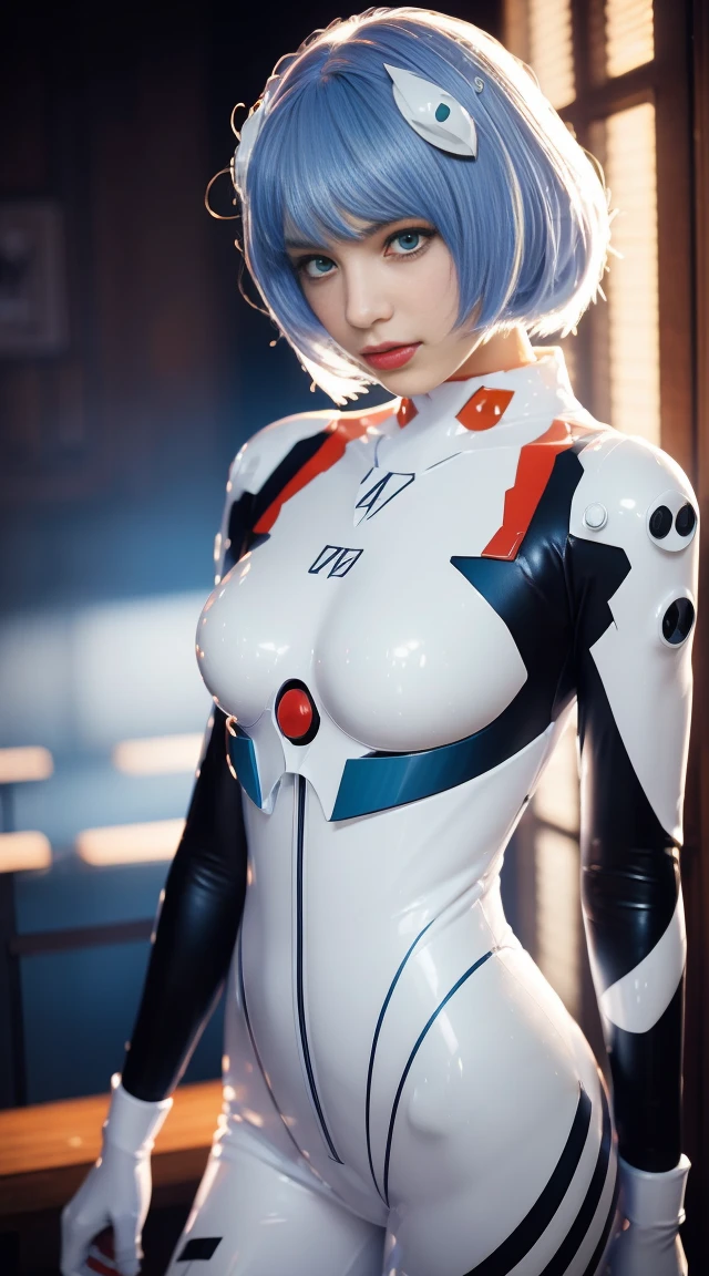 (mejor calidad, En una mesa, Vistoso, ángulo dinámico, detalles más altos)(rei ayanami), estilo denim, Foto de moda de una chica con un bob azul sexy (rei ayanami), ojos rojos detallados, Shin Evangelion&#39;Detalles del traje blanco (textura de alta resolución), poses dinámicas, bokeh, (Detalles complicados, Hiperdetalle:1.15), Vello púbico detallado, La luz del sol brilla a través del cabello., Vistoso splash art background, (alto contraste, Neon Genesis Evangelion Nueva versión teatral Imagen artística oficial, El contenido es muy detallado., detalles más altos),