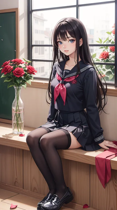 camellia, flower, red_flower, red_rose, rose, katana, 1girl, pink_rose, pink_flower, spider_lily, shoes, long_hair, school_unifo...