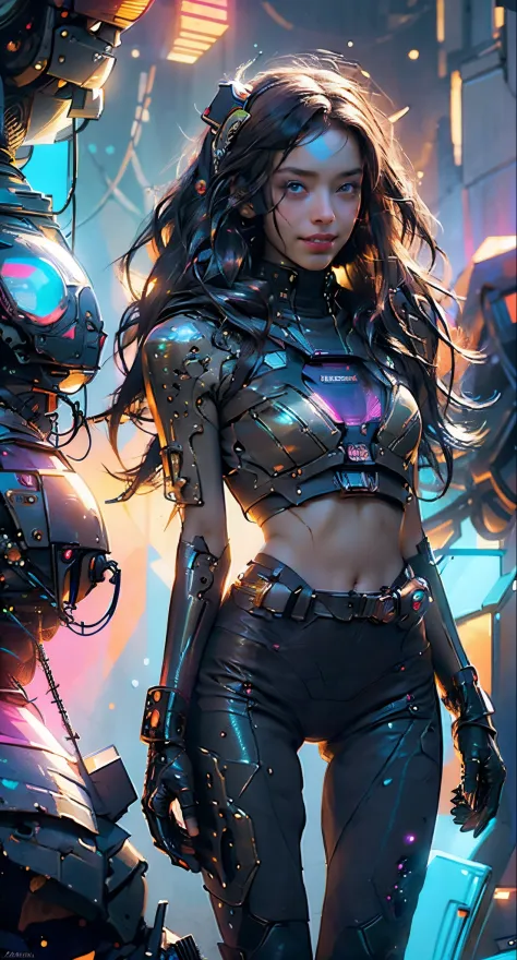 Cyberpunk Night time street, Astronaut neon lights glowing bikini (breast), with a group of soldiers behind her, beautiful sci-f...