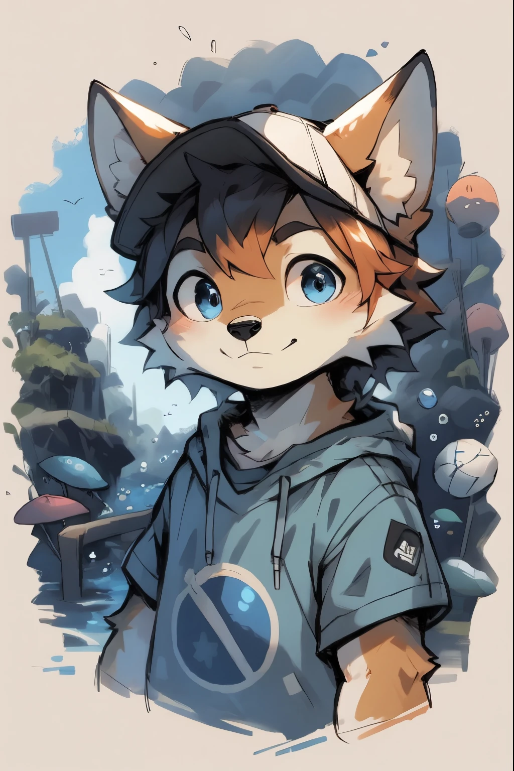 tmasterpiece, Best quality at best, eyes with brightness, Detailed eyes, hairy pubic, coyote, male people, baggy clothes, baseball cap, (tilt of the head:1.3), high saturated, Colorful, detailedbackground, perfect litthing, shadowing, aquariums, janelas, dark blue theme, airbubble