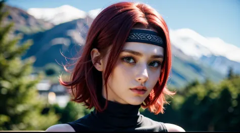 cosmieyes, british, kallen stadtfeld, blue eyes, headband, ((red hair)), short hair, bandana, sleeveless, sleeveless turtleneck,...