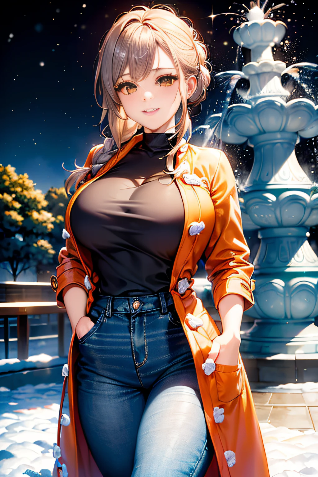 (3D Animation:1.3),(Realistic raw photos),(((In front of the fountain in the snowy park:1.3))),cute and beautiful adult woman,Cute round face,Cute smile,(((orange short duffel coat:1.3))),(white off-shoulder sweater),Jeans pants,Knitted hats,muffler,gloves,long boots,(silver white hair,Floral braided headband,half up、Floral Braided Space Van,Voluminous Fishtail Braids,Twisted chignon,),(Bangs are see-through bangs),(((Emphasize large breasts:1.3))),breast slip,detailed clothes features,Detailed hair features,detailed facial features,(Dynamic angles),(Dynamic and sexy poses),profetional lighting,Cinematic Light,(masutepiece,top-quality,Ultra-high resolution output image,) ,(The 8k quality,),(Sea Art 2 Mode:1.3),(Image Mode Ultra HD,)