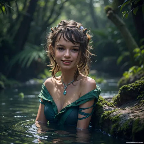 (Best quality, 8k, 32k, Masterpiece, UHD:1.2) water nymph welcomes you to her private lagoon, deep in the woods, jewelry, clothe...