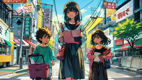 anime scene of a woman and two children walking down the street, manha, author：kikukawa sakaeyama, author：nakamura straight road...