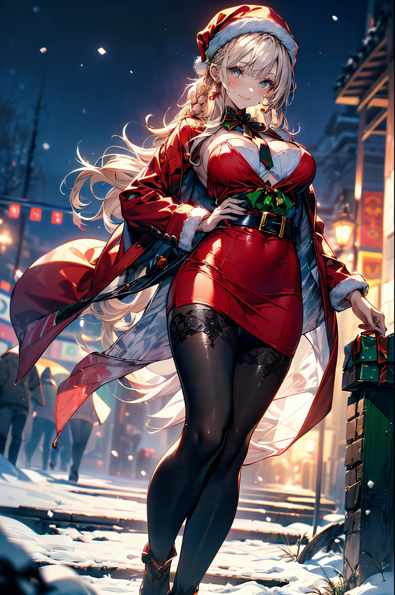 (Scine of Xmas events in Casino:1.3), ((matured girl wearing Sexy Santa clause costume with far:1.3, red dress with green, holding a present box in both hands to give viewers:1.2, close to viewers:1.2)), a matured woman with long black hair and a red outfit, red winter coat with bore, scarfs, green ribbon tie, knee length long boots, red and green winter outfits, holding present box with wrapping by ribbon:1.5, Christmas tree decorated with many ornaments:1.2, white bags on a sled, wearing red pencil skirt, Arabic, bodyesbian, fine details, beautiful anime illustration, 28 years old, (milf:1.3), (solo:1.5), (sfw:1.25), (sagging breast, fuge breasts, big tits, thin waist, big ass:1.2), Raised sexy, (dark mahogany medium short hair, updo, hair over one eye, asymmetric hair, Carly hair, low tied braids), (musulman, white Headscarfs, hair bands, head vandage, Turban), (ultra high resolution, 8K RAW photo, photo realistics, thin outline:1.3, clear focus), best qualtiy, cinematic lighting, textile shading, blurry back ground, field of depth, bokeh, (Bright pupils, fine detailed beautiful eyes with highlight:1.3, super detailed eyes, high detailed face), Red lip, fine realistic skins:1.1, looking at viewers:1.3, (dynamic angle:1.3, full body:1.3, front view:1.1, tigh focus:1.3, from below:1.2), (dynamic posing:1.5, sexy posing:1.2, sitting with holding knees:1.3, leaning forward:1.2), (seductive, shy happy smile:1.4), centered image, (wearing red long coat with bore and clothes, ((bare breast:1.37)), gold ornaments, rolling red clothes around waist, dark red long leather boots:1.3, translucent white lace pantyhose), (((correct anatomy:1.5, perfect hands:1.5, ideal ratio body proportions:1.37))), (in a night:1.3), (in snow field:1.3, under starly sky),