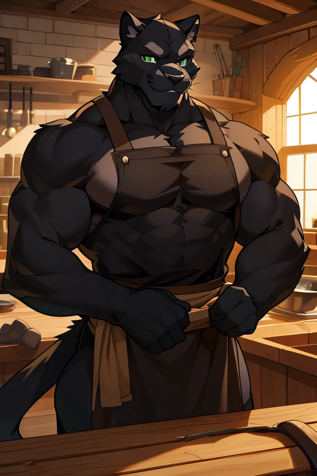 A tall furry muscular black panther with massive pecs only wearing a tight blacksmith apron while cheerfully smiling while in his black Smith shop