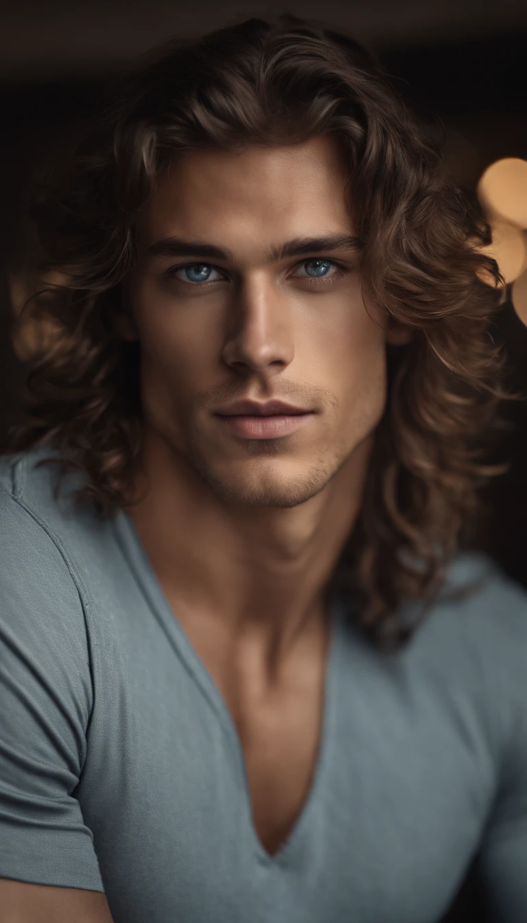 A close up of a man with long hair and blue eyes - SeaArt AI