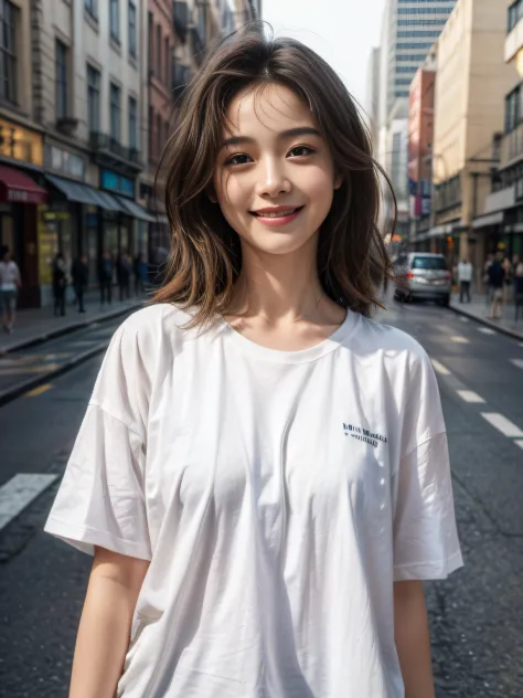 23 years old girl, medium hair, white oversize t-shirt, oversize_shirt, (smile:1.2), city street, close up, (photorealistic:1.2)...