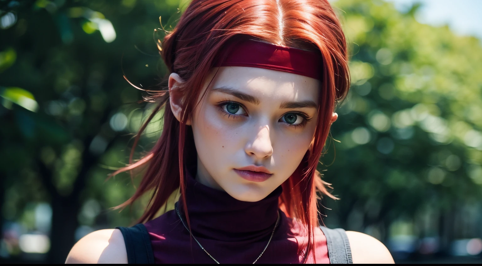 CosmiEyes, British, kallen stadtfeld, blue eyes, ((headband)), ((red hair)), short hair, bandana, sleeveless, sleeveless turtleneck, turtleneck, looking at viewer, ((red headband)), ((red turtleneck)), (medium breast:1.2), outdoors, park, upper body, detailed face, detailed eyes, beauty, extremely beautiful face, short hair, ((blue eyes))