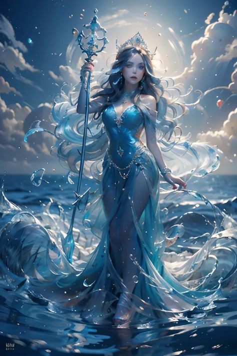 "(master part: 1.2), 8k uhd resolution, water goddess, standing ethereally amidst a vast sparkling ocean. sua silhueta se funde ...