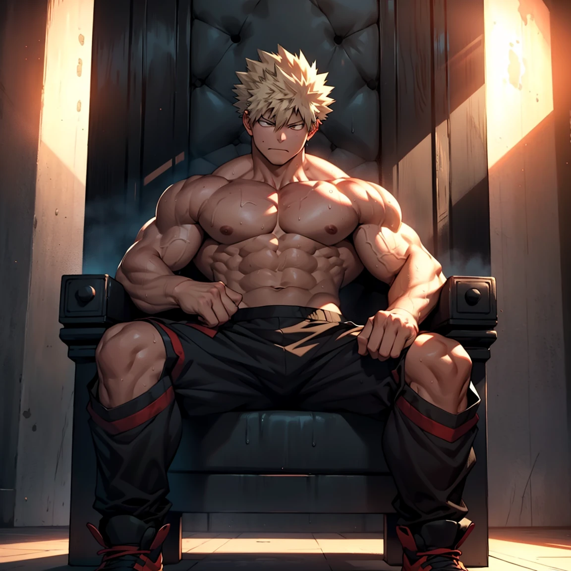 1 chico, Bakugou sin camisa en el trono y musculoso. , Transpiración -  SeaArt AI